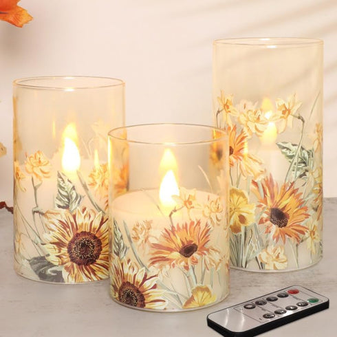 Summer Set 3 Sunflower Glass Flameless Candles Battery Operated with Remote Timer Flickering LED Pillar Candles Fall