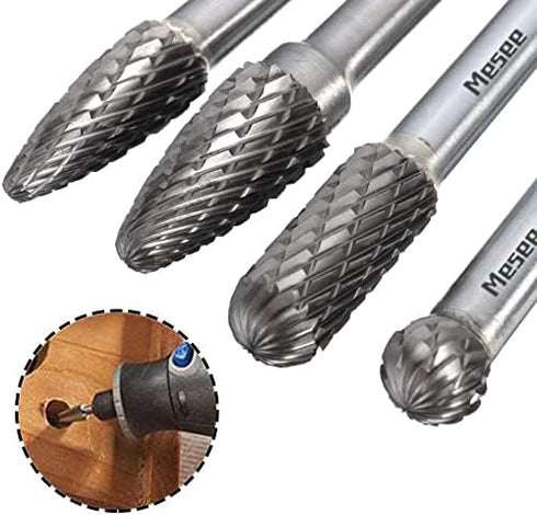 Mesee 4Pcs Tungsten Carbide Rotary Burr Set, 6-Inch Long Rotating Tools Kit with 6mm Shank for DIY Woodworking/Metal