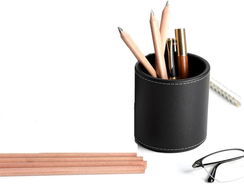 Leather Pencil Holder, Round Black Pencil Case for Office Desk, Home Stationery Organizer