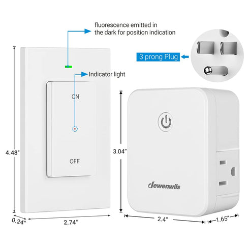 DEWENWILS Remote Control Outlet, Wireless Light Switch with 2 Side Outlets, 100 FT Range, Programmable