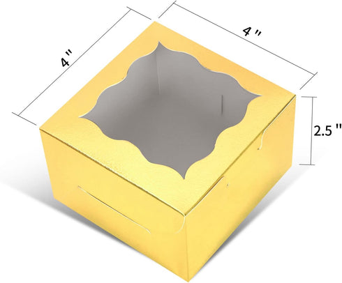 KPOSIYA 10 Pcs Gold Bakery Boxes with Window, Individual Cupcake Boxes 4x4x2.5 Inches for Cookies, Pastries, Macaroon
