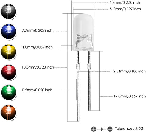 Single LED Light 5mm Diode Lamp DIY Kit, 6 Colors x 10PCS, Round Lens DC 3V 20mA Mini Bulbs Electronics Components
