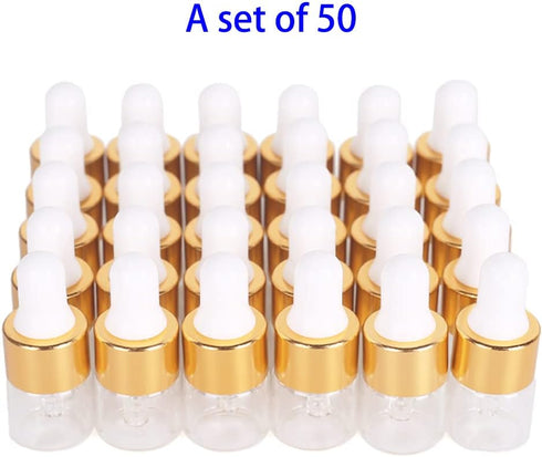 50 Clear glass Dropper Bottle 1/3/5ML Essential Oil dropper Bottle and Measuring Pipette Golden Bottle with Lid Empty tincture Bottle Perfume Cosmetic Travel Liquid Container by Hauioe