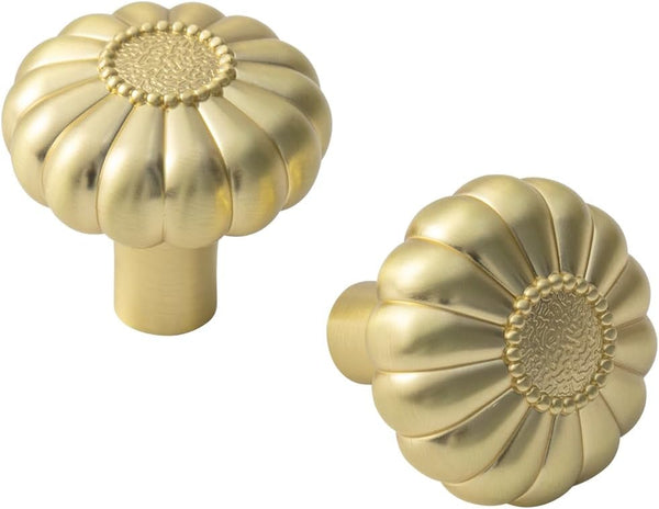 Yanxia 6 Pack Elegant Golden Bloom Brushed Brass Cabinet Knobs, 1-1/4 Inches Diameter for Kitchen