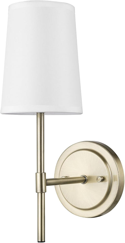 Globe Electric 51861 Clarissa 1-Light Wall Sconce, Matte Brass, White Fabric Shade,