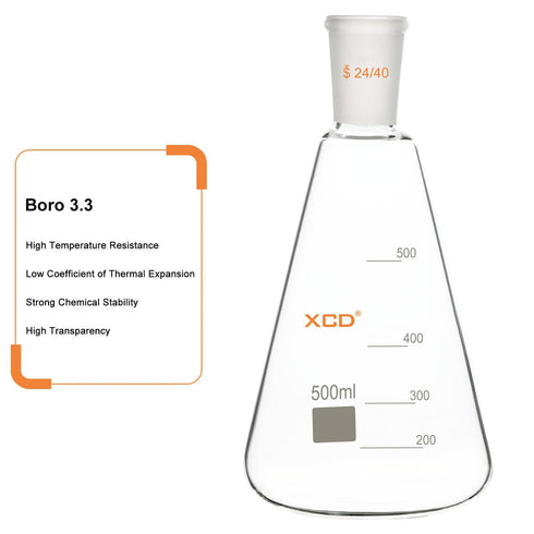 XCD Erlenmeyer Flask, Heavy Wall Borosilicate Glass - 500 ml with 24/40 Standard Taper Outer Joint