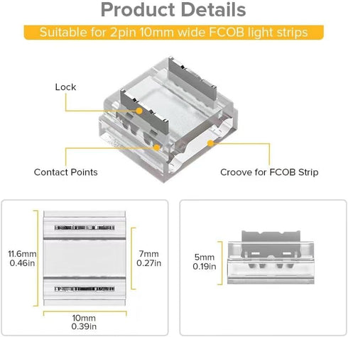 BTF-LIGHTING FCOB COB 50pcs 10mm 0.39in Transparent Connector Support FCOB 10mm Width 2 pin v+ v- Single Color LED Strip Corner Connection(Without Wires) by BTF-LIGHTING