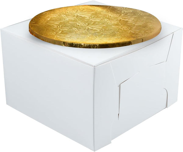 10" Combo Box Set - 10x10x5 1/2 White Cake Box with 10" Gold Round Drum 1/2"