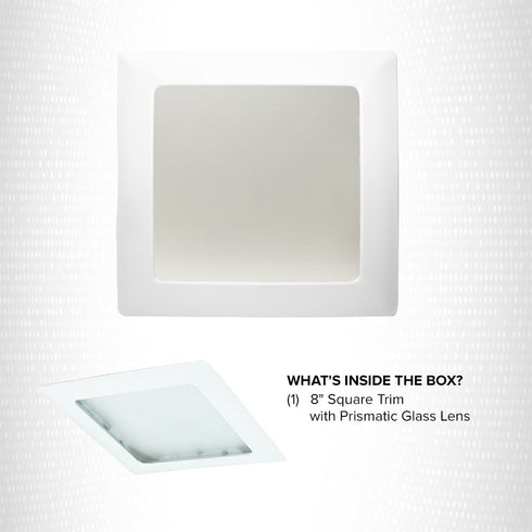 8" 42W, E26 ELCO Lighting Square Trim with Prismatic Glass Lens, Recessed Ceiling Light Cover, Base, White Finish
