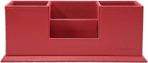 UnionBasic Desk Organizer, Desktop Caddy, Leather Multi-compartment Pen Holder, Office Stationery Organizer, Red