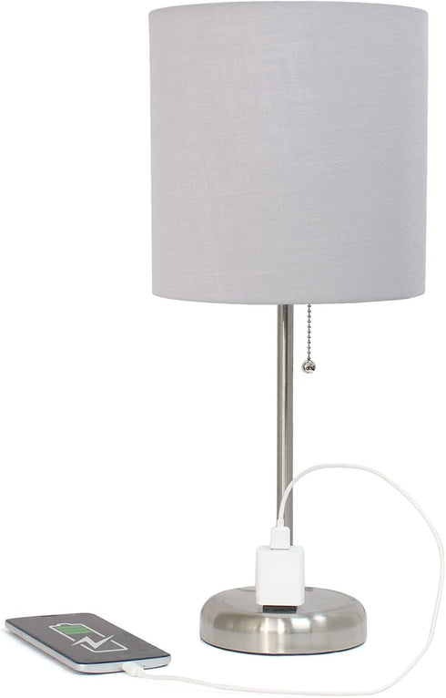 19.5" Oslo Contemporary Bedside Power Outlet Base Standard Metal Table Desk Lamp in Brushed Steel with Gray Drum Fabric