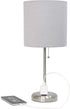19.5" Oslo Contemporary Bedside Power Outlet Base Standard Metal Table Desk Lamp in Brushed Steel with Gray Drum Fabric