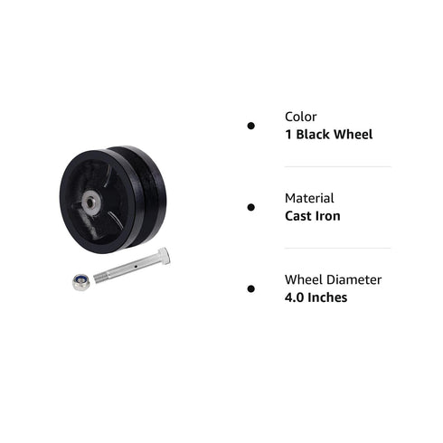 4"x1-1/2" Cast Iron V Groove Caster Wheel, Straight Roller Bearing, Capacity up to 600 lbs, Black Wheel