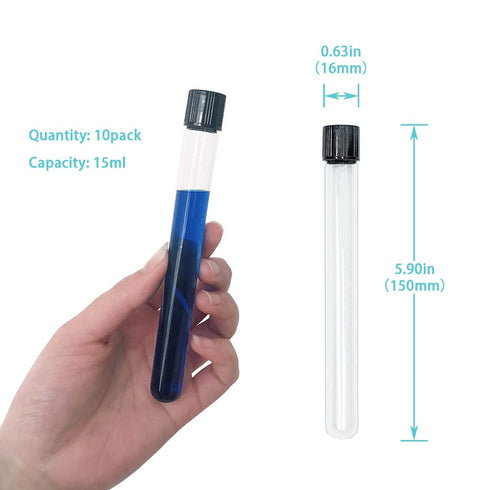 10pcs 16x150mm Glass Test Tubes, 15ml Boro Clear Propagation Tube for Plants, Tube Vials Container with Black Screw Cap, Scientific Experiment Candy Storage Crafts Small Bottle Jars