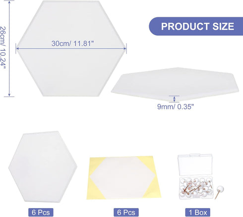 PATIKIL 6 Packs Felt Bulletin Board, 12"x10" Self Adhesive Hexagon Tiles for Sound Proofing Wall Panels, White