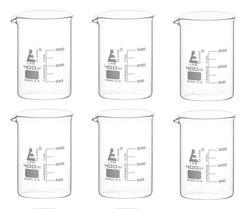 EISCO 6PK Beakers, 400ml - Griffin Style, Low Form with Spout, Borosilicate 3.3 Glass