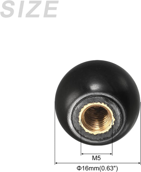 Threaded Ball Knobs (16mm/0.63") 6Pcs, Plastic Ball Lever Knob with M5 Female Thread Iron Insert - for Machine Handle Tool Replacement, Black