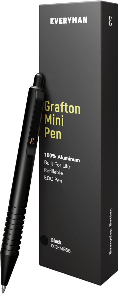Everyman Black Grafton Mini Click Pen, Refillable Pocket-Size Metal Writing Pen, Versatile EDC Gift for Office and