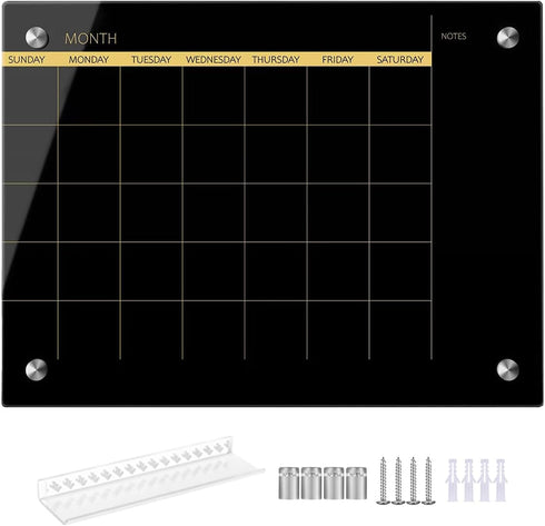 Okydoky 12" x 16" Glass Dry Erase Whiteboard, Black Glass Monthly Calendar for Home, School, Office