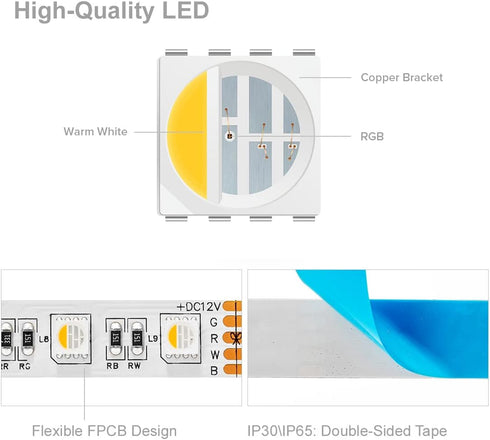 5050 White(2700K-3000K) 4 1 DC12V 5m 16.4ft 60LED/m IP30 12mm BTF-LIGHTING RGBW RGB+Warm Colors in LED Tape Light