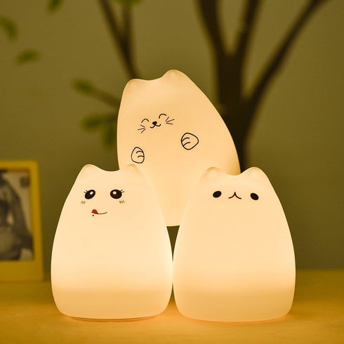 7-Color Cat Night Light, USB Rechargeable Silicone Cute Night Light for Kids Baby Children, Changing LED Cat Lamp