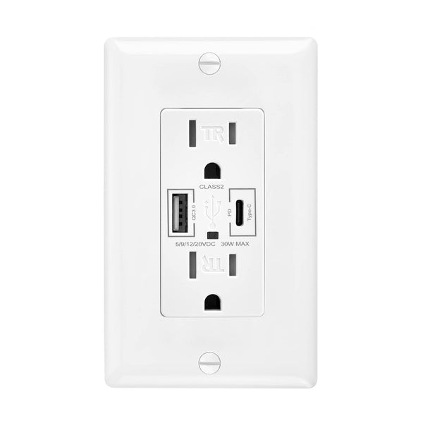 Maxxima 15A USB Wall Outlet Receptacle, 30W Power Delivery QC 3.0 with 2 Standard Outlets