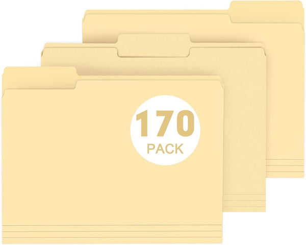 PANDRI 170 Pack File Folder, 1/3 Cut Tab, Letter Size, Manila Filing Folder for Office School Business