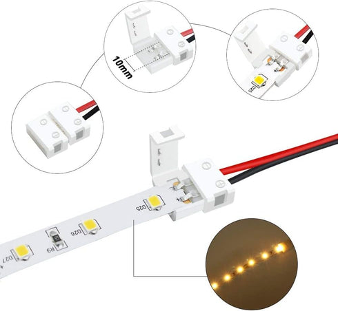 LightingWill 2 Pin LED Strip Light Connector Kit, 10mm Solderless Adapter Set for 5050 5630 Single Color