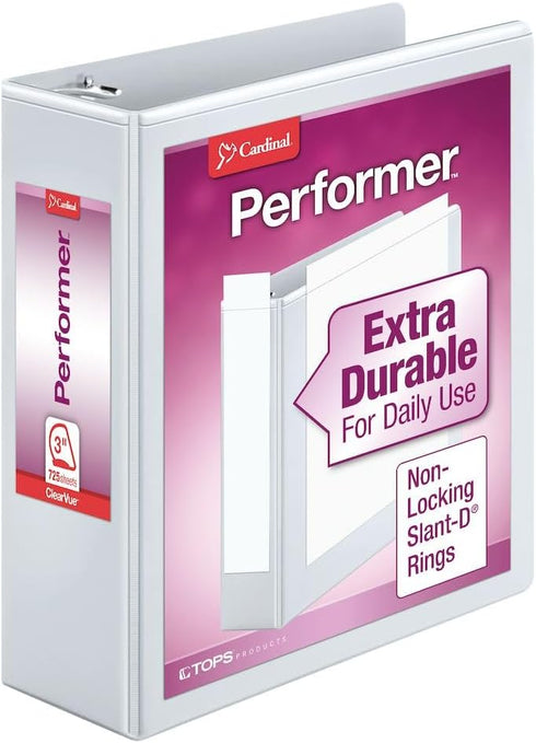 Cardinal Performer 3-Ring Binder, 3", Non-Locking Slant-D Rings, 725-Sheet Capacity, ClearVue Presentation Binder,