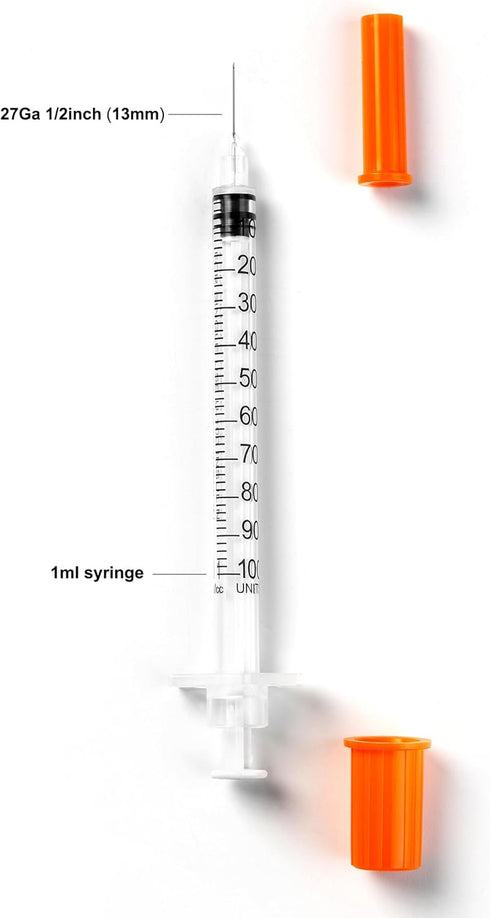 1ml Syringe with Needle, 20 Pack 1cc 27G 1/2Inch (13mm), Disposable Lab Injection Syringes Individually Wrapped