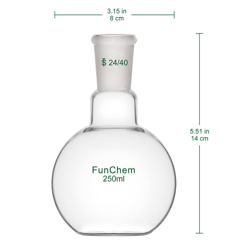 Single Neck 1 Neck Glass Lab Flat Bottom Boiling Flask FBF, 24/40 Standard Taper Outer Joint Glass Boiling Flask, 250 ml
