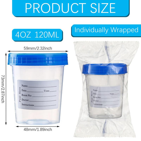 50 4oz TrelaCo Pieces Specimen Cup with Lid and Label Disposable Specimen Container Individually Wrapped Screw Cap Leak
