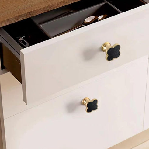 HUHUIAOH 2 Pack Four-Leaf Clover Leather Handle Gold Brass Leather Handle Single Hole Wardrobe Dresser Bedroom Bedside