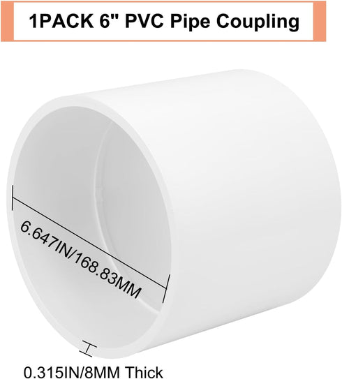 6" PVC Pipe Coupling Adapter Pipe Fittings (Socket x Socket) Contractor Pack Schedule 40 Heavy Duty 6 Inch PVC Slip Socket Connectors for DIY PVC Shelf Garden Support Structure, White