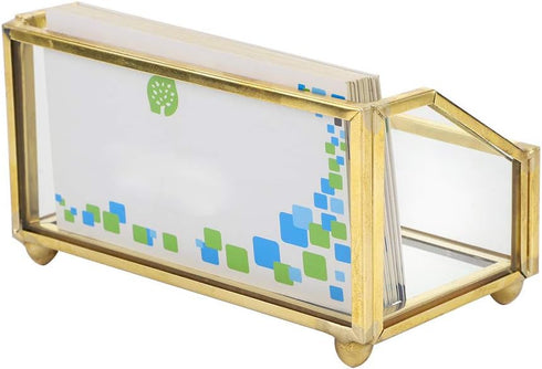 Hipiwe Glass Business Card Holder Stand - Gold Metal Frame Name Card Display Organizer for Office Desktop, Fits 80-100