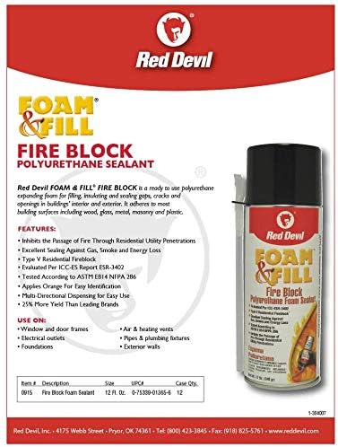 Red Devil Spray Foam & Fill Fire Block Expanding Insulation, Polyurethane Foam Sealant, 12 oz