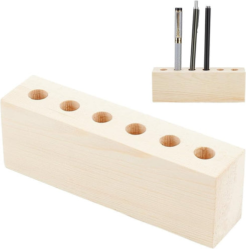 OLYCRAFT 6-Hole Wood Desktop Pen Holder, Rustic Wooden Pen Organizer for Office Desk, Fountain Pen Storage Display