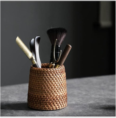 Set 2 Elsjoy of Wicker Pencil Holder, Natural Rattan Pen Cup Woven Makeup Brush Holder, Rustic Utensil Caddy Wicker Pen