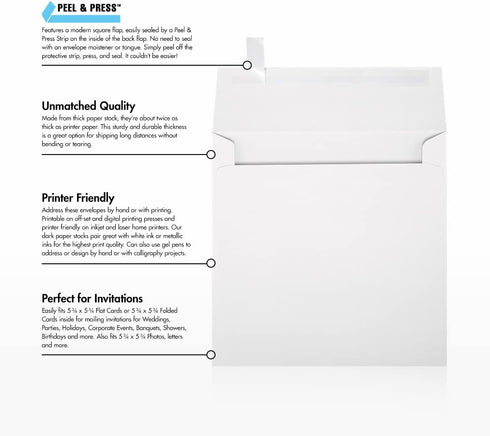 LUXPaper Square Invitation Envelopes - Peel & Press, 6" x 6", White, 100% Recycled, 80lb. Text, 50 Qty