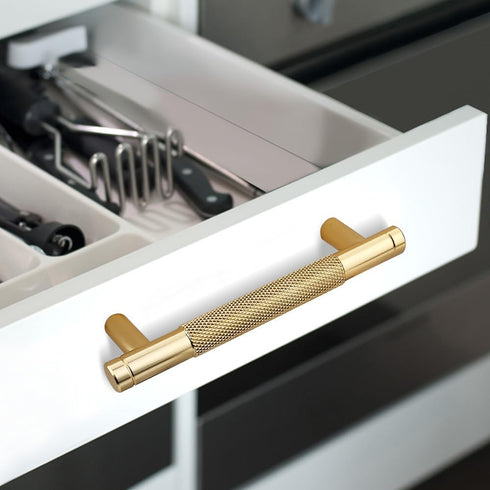 2 Pack Gold Knurled Cabinet Handles 3 3/4 Inch (96mm) Aluminum Drawer Pulls with Diamond Pattern, 5" Length