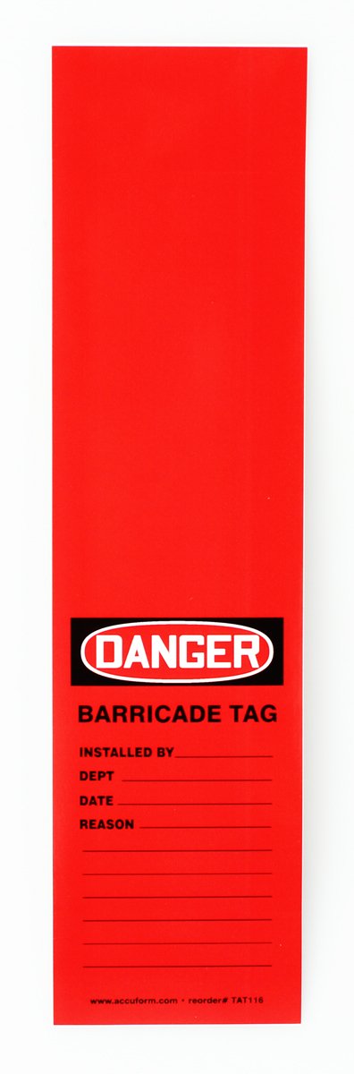 AccuformNMC 25 "Danger Barricade Tag, Adhesive Vinyl Wrap 'n Stick, 12" x 3.125", Black/White on Red