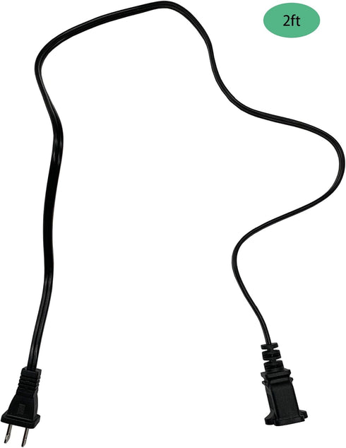 Short Extension Cord 2 Foot, 18 AWG Small 2 Prong Power Cable, Black Male to Female Outlet Saver for Indoor Use