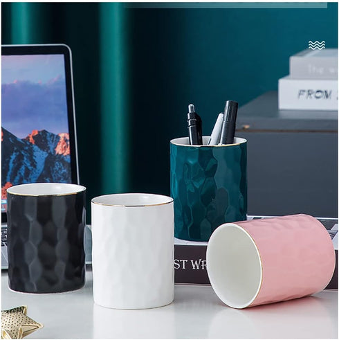 Ceramic Pen Holder Stand, Cup Pencil Holder Organizer for Makeup Brushes, Home Office Desk (White)