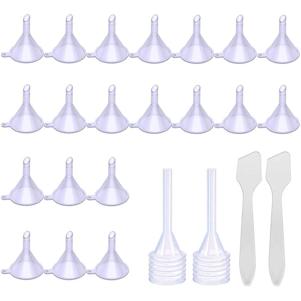 20 Pack Mini Clear Plastic Funnels with 2 Pcs Mini Pipette and Spoon for Filling Small Bottles or Containers
