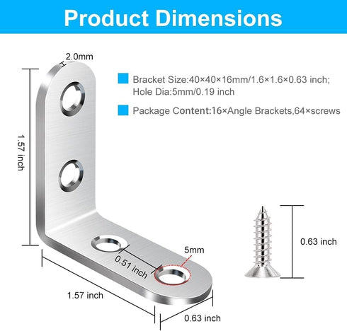 FATLODA 18PCS 72 (40mmx40mm) L Bracket & Corner Brace, Stainless Steel Right Angle Brackets for Shelves & Furniture