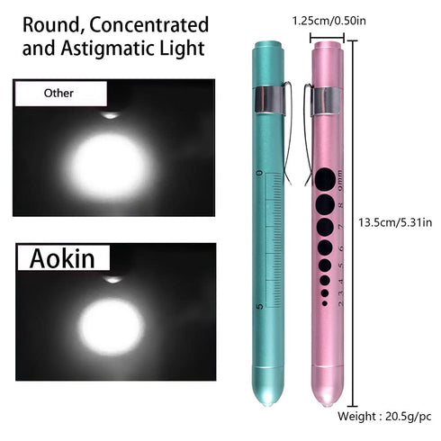 Aokin Pen Light with Pupil Gauge, Reusable LED Medical Penlight for Doctor Nurse, White Light, Teal and Rose Gold