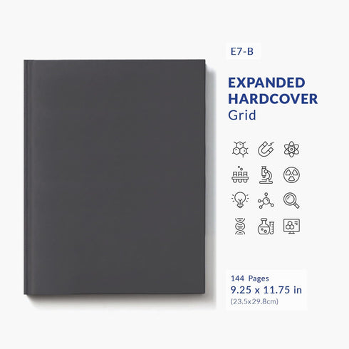 E7-B Expanded Hardcover Lab Notebook, 9.25 x 11.75 in (23.5 x 30 cm), 144 Pages, Permanent Bound, 70lb Heavyweight Paper (1-Pack, Grid)