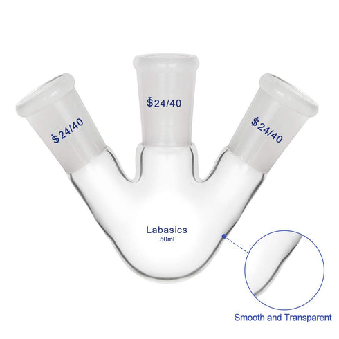 Glass 50ml 3 Neck Round Bottom Flask RBF, with 24/40 Center and Side Standard Taper Outer Joint, 50ml