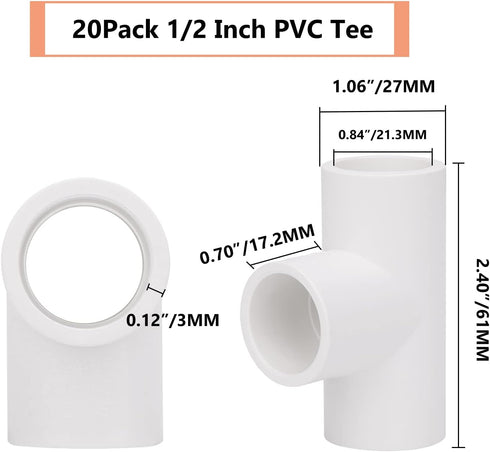 20 Pack 3 Way 1/2 Inch Tee PVC Fittings, 1/2inch SCH 40 Adapter for Water Supplies, DIY Garden Shelf