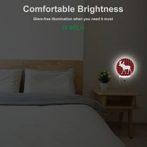 EKOBLA Moose Night Light Christmas Red Black Plaid Plug-in Nightlights Auto Sensor Energy Efficient Dusk to Dawn LED